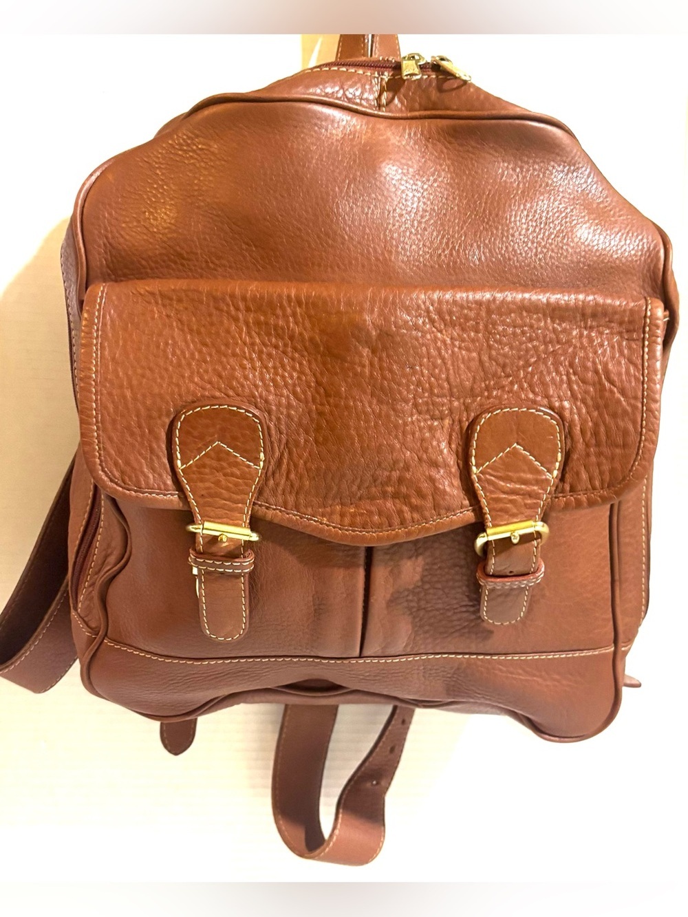 Vintage unisex Brown Leather Backpack with Gold Hardware - Picture 5 of 7